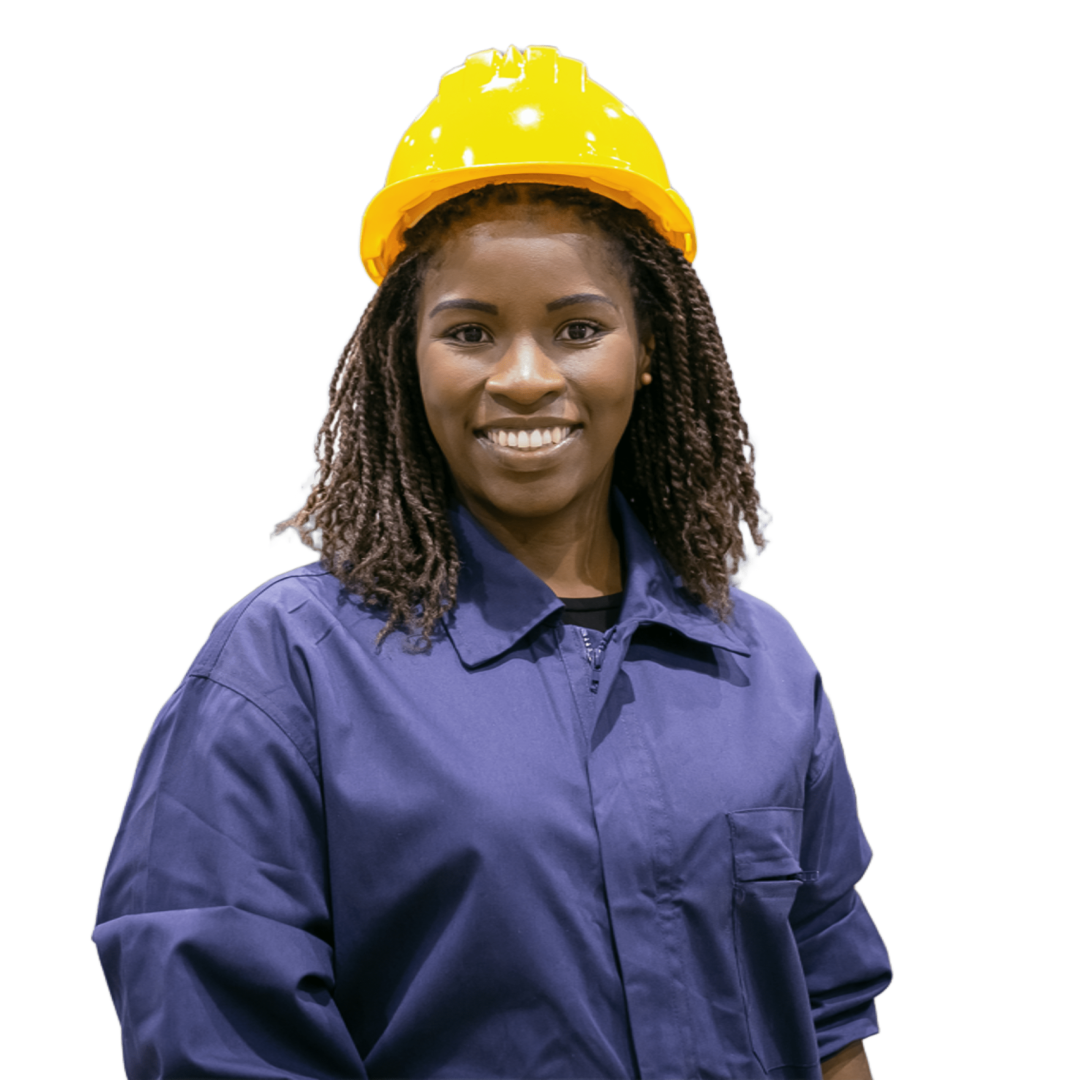 cheerful-african-american-female-factory-employee-hardhat-overall-standing-plant-floor-looking-front-smiling cheerful-african-american-female-factory-employee-hardhat-overall-standing-plant-floor-looking-front-smiling